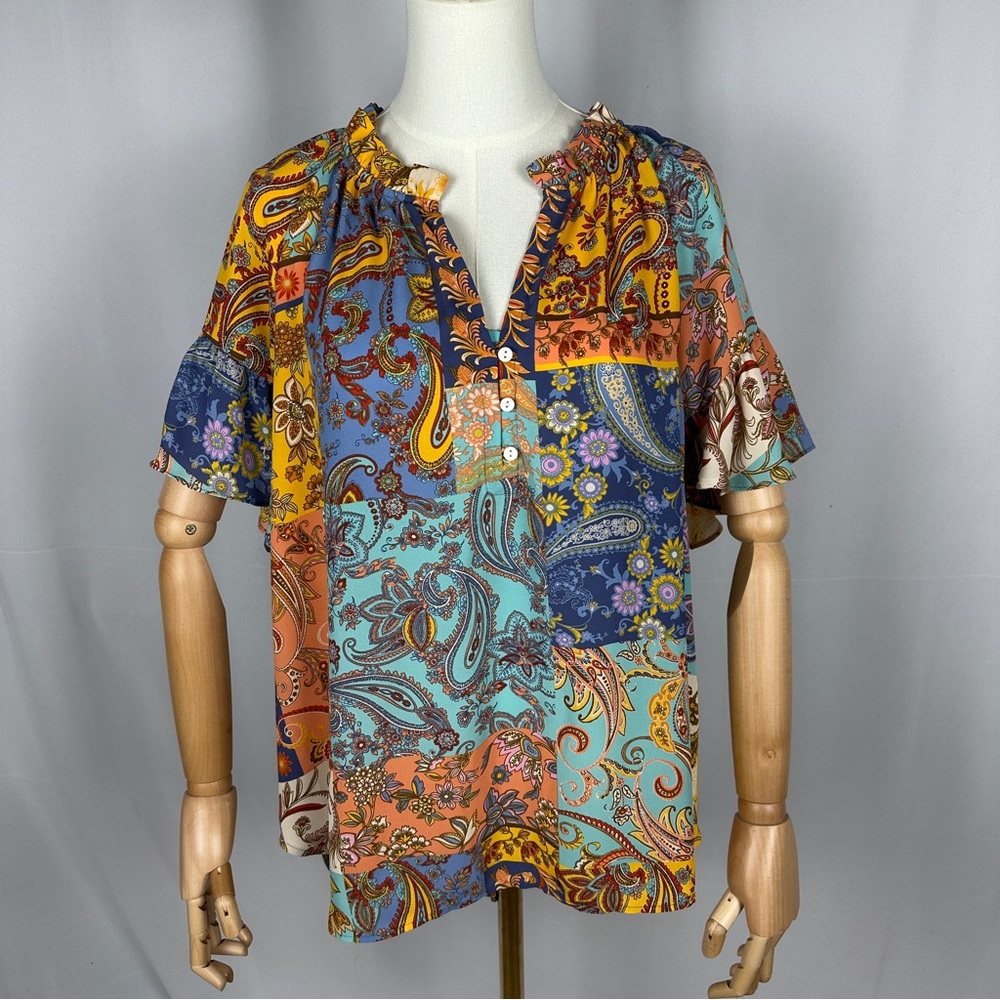 Cynthia Rowley Women’s Boho Paisley V-Neck Flutter Sleeve Blouse Plus Size 1X